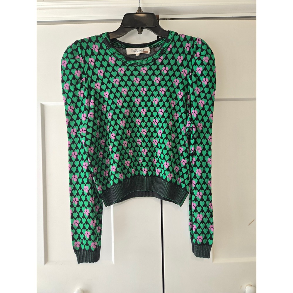 Diane von Furstenberg Green Pink Heart Intarsia Puff Sleeve Sweater Large